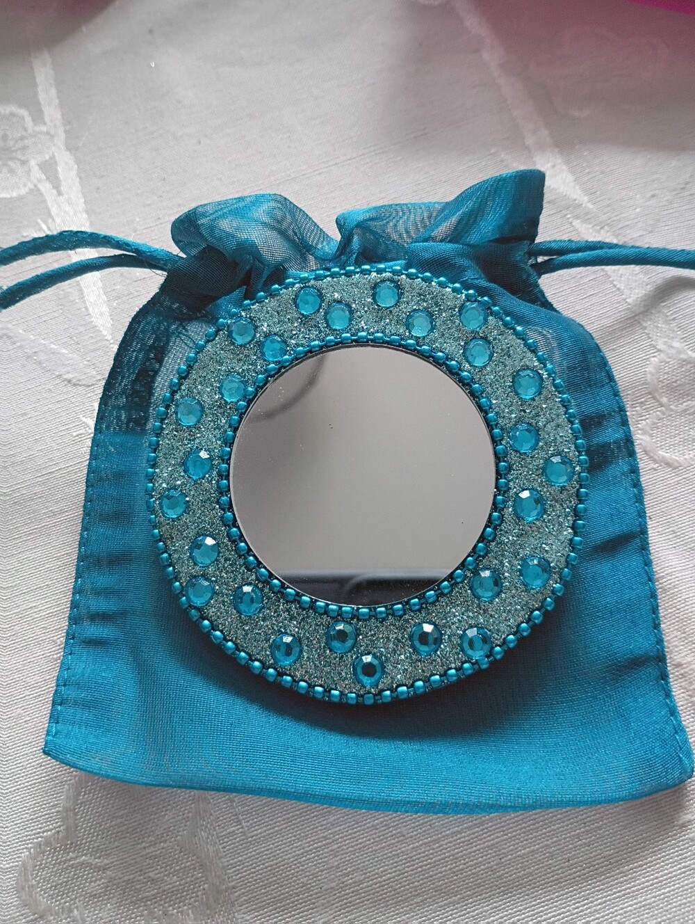 Glitter Beaded Purse Mirror with Bag, Teal, 2x2, Round, NWOT